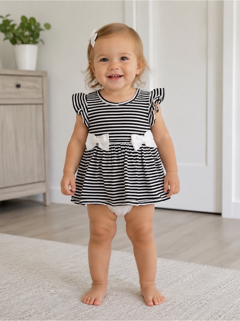 First Impressions Girls Black/White Striped Sleeveless Bodysuit Size 24M